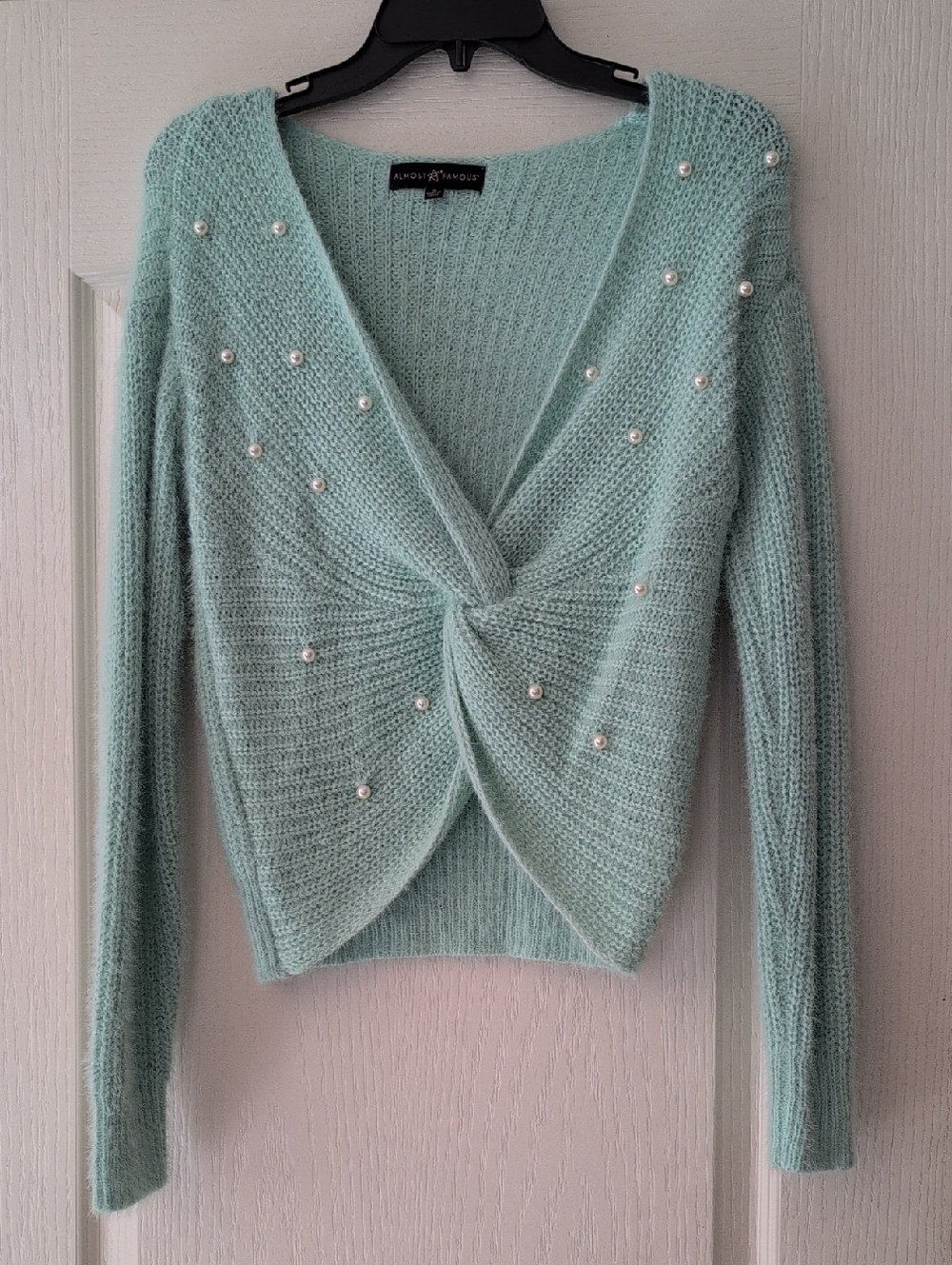 Almost Famous Mint Pearl-Embellished Twist V-Neck Sweater